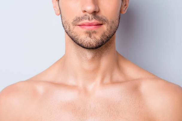Close-up cropped view portrait of his he nice attractive content serious guy unshaven mustache chin flawless perfect smooth skin spa treatment isolated on light white grey color pastel background - Fotó, kép