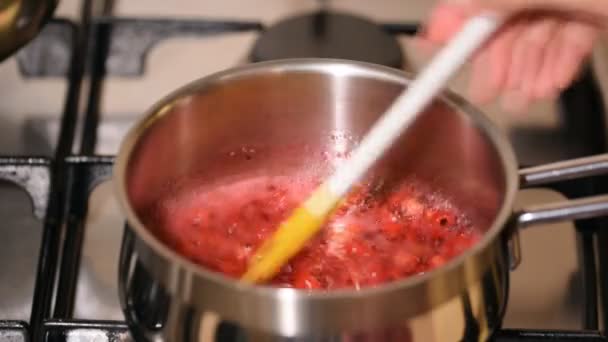Close-up vrouw roert rode bes koken met kleine siliconen spatel in grote metalen pan. - Video