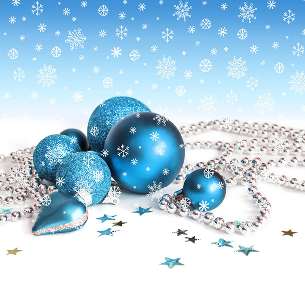 Christmas  decorations on white snow background. - Photo, Image