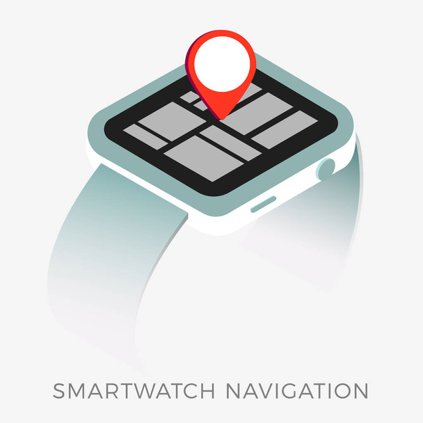 Smartwatch navigace s mapou, trasa a pin na obrazovce hodinek. Nositelný inteligentní Gps tracker koncept. 3D izometrická vektorová ikona, grafická ilustrace izolovaná na bílém pozadí. - Vektor, obrázek