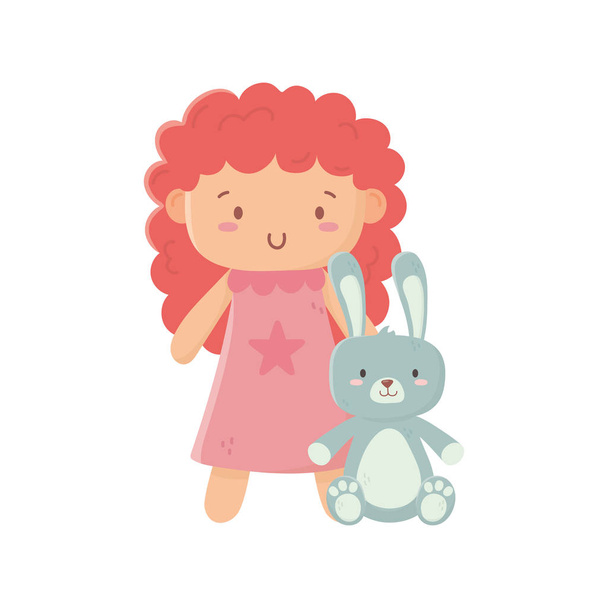 kids toy, cute little doll and rabbit toys - Vector, Image