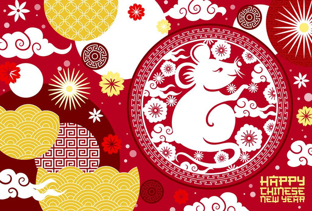 Китайская новогодняя крыса-зодиак с бумажными цветами
 - Вектор,изображение