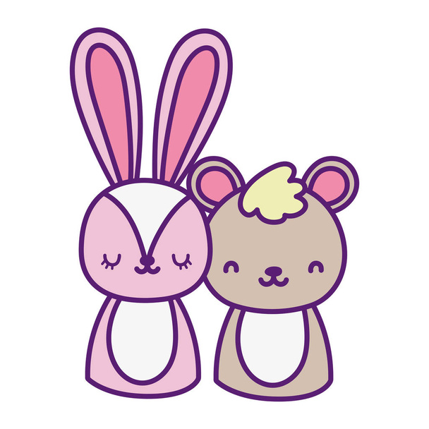 cute little rabbit and bear cartoon design - Vektori, kuva