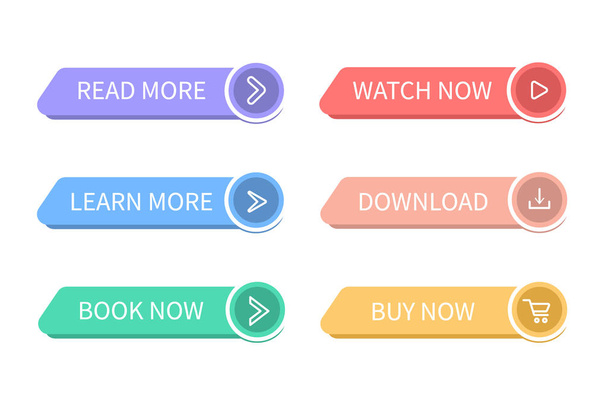 Colorful web buttons. Set of website buttons to go to the desired action. Read More, learn more, book now, watch now, download, buy now. - Vetor, Imagem