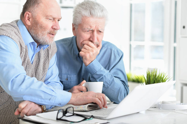 Due uomini anziani seduti a tavola e utilizzando il computer portatile
 - Foto, immagini