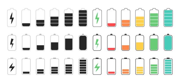 Ensemble d'icônes de batterie. Niveau batterie. Collecte de couleur de la batterie
. - Vecteur, image
