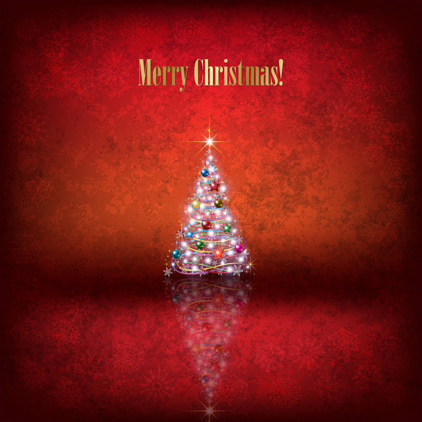 Абстрактная Рождественская иллюстрация с елкой и декорациями на красном
 - Вектор,изображение