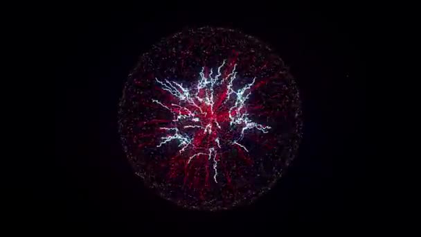Abstract colorful explosion of neon nucleus isolated on black background. Animation. Amazing 3d impulse spreading into the sides surrounded by small particles. - Footage, Video