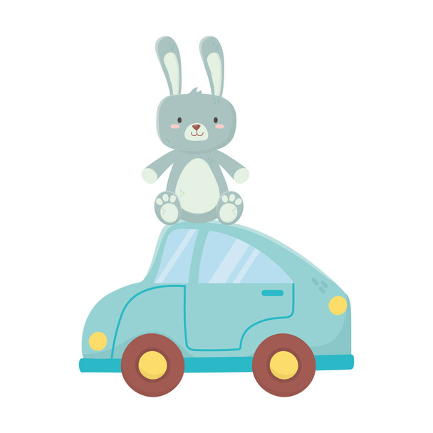 παιχνίδια για παιδιά, γούνινο κουνέλι και παιχνίδια μπλε αυτοκίνητο - Διάνυσμα, εικόνα
