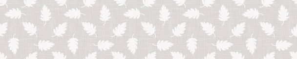 Gray French Linen Texture Border Background printed with White Falling Leaves. Natural Unbleached Ecru Flax Fibre Seamless Pattern. Organic Close Up Weave Fabric Banner. Cloth Packaging, Vector EPS10 - Vector, Image