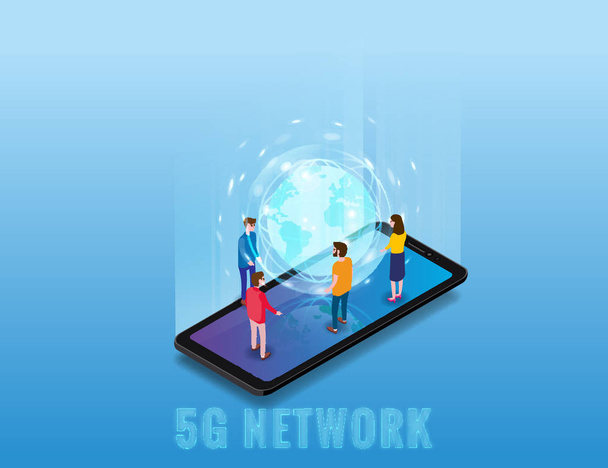 Isometrinen 5G verkon langattoman teknologian malli. Isometrinen älypuhelin Maan planeetan ja pieniä ihmisiä. Maailmanlaajuisen nopean Internet-verkon viides innovatiivinen sukupolvi. Vektorin käsite
 - Vektori, kuva