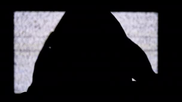 Silhouette of Mans Head in Hood fehér statikus zajt és TV interferenciát néz. - Felvétel, videó
