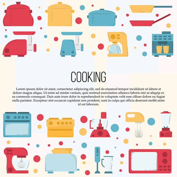 Küchengeräte-Kartenkonzept. Kulinarische Illustration im flachen Stil für Design und Web. - Vektor, Bild