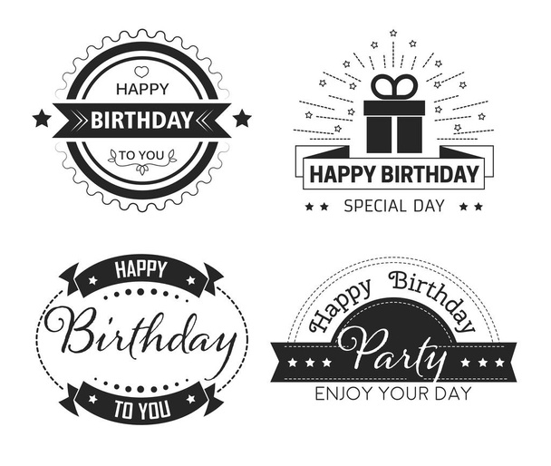 Happy Birthday isolated icons, design element for greeting cards vector. Cup print with lettering typography text sign, wishes and gift box. Special day party invitation, anniversary congratulation - Vector, Image