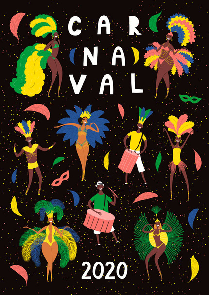 Hand drawn vector illustration with dancing people in bright costumes, feathers, Portuguese text Carnaval. Concept for Rio de Janeiro, Brazilian carnival poster  - Vector, Image