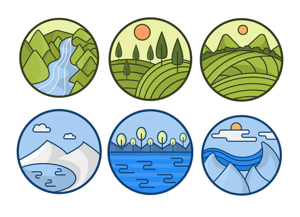 Abstract picturesque landscapes and seascapes in circle icons. Green fields with trees, river, lake in snowy mountains, blue sea waters. Nature and marine art, set of six linear vector illustrations. - Vektori, kuva