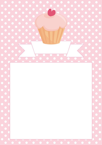 レストランのメニューのウェディング カード、リストまたは赤ん坊シャワーの招待状ピンクと白のビンテージ ポルカ ドット テクスチャ背景に甘いレトロなカップケーキをベクトルします。 - ベクター画像