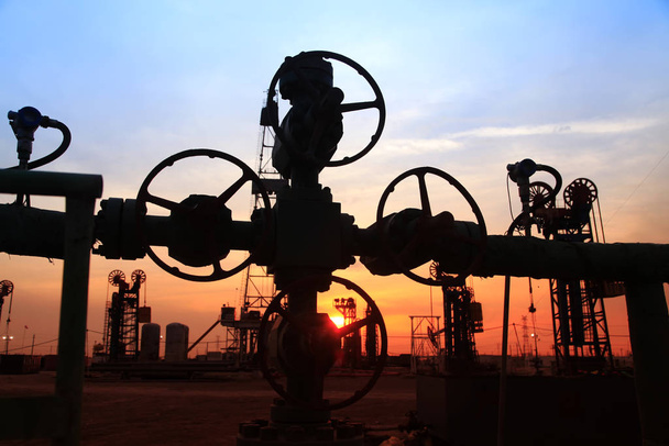 In the evening of oilfield pipeline silhouette - Photo, Image