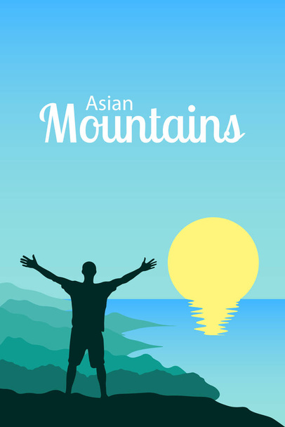 Utazzon Thaiföldre és Ázsiába. Vektor illusztráció egy ember a háttérben a hegyvonulatok, a nap és a tengeri kikötők. Egy turista egy domb tetején, tárt karokkal. Utazás a trópusi országokba koncepció. - Vektor, kép