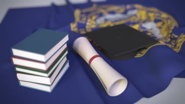 Graduation cap, books and diploma on the flag of Nebraska. Higher education in the USA related conceptual 3D animation - Footage, Video