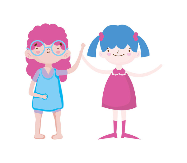 χαριτωμένα μικρά κορίτσια χαρούμενους φίλους χαρακτήρες κινουμένων σχεδίων - Διάνυσμα, εικόνα