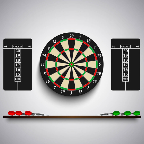 Dart board with colored steel tips on the wall - Vector, Image