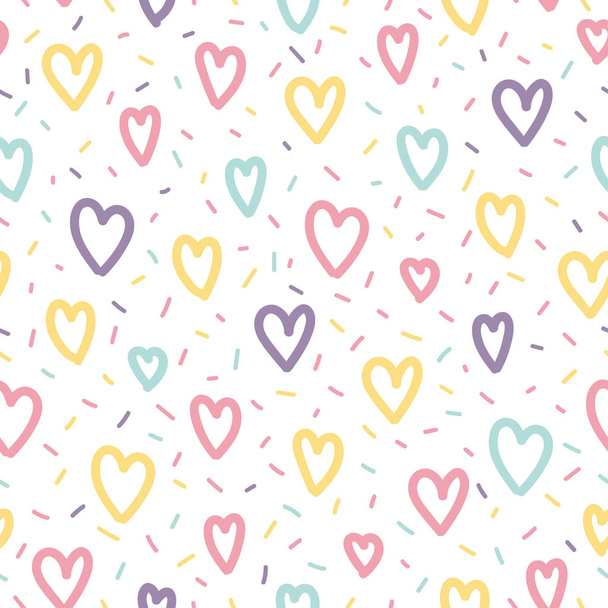 Memphis seamless pattern design with hearts and confetti - Vektori, kuva