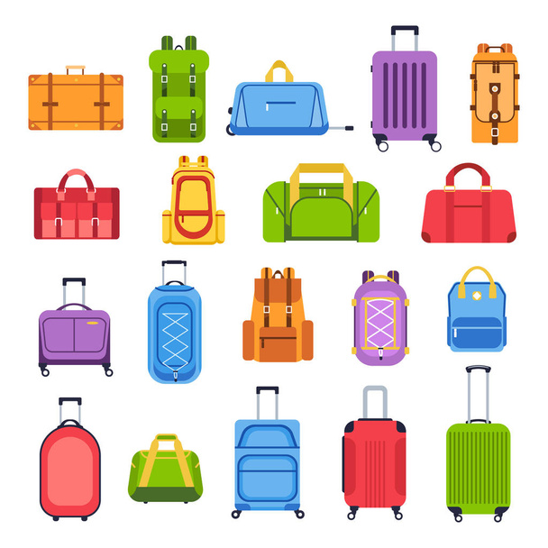 Luggage bags. Baggage handbag for trip, tourism and vacation, travel suitcases and leather accessories isolated vector icons set. Journey essentials. Valises. Cartoon flat illustrations - Vector, Image