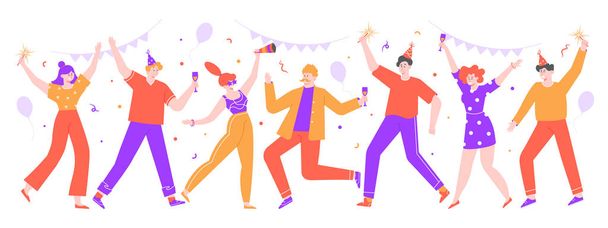 Az emberek ünnepelnek. Boldog ünnepséget, vidám nők és férfiak együtt ünnepelnek lufikkal és konfettivel. Tánc ünnepség party vektor elszigetelt illusztráció. Évforduló, ünnepi esemény - Vektor, kép