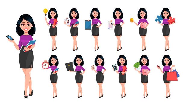 Beautiful business woman with dark hair, set - Vector, Image