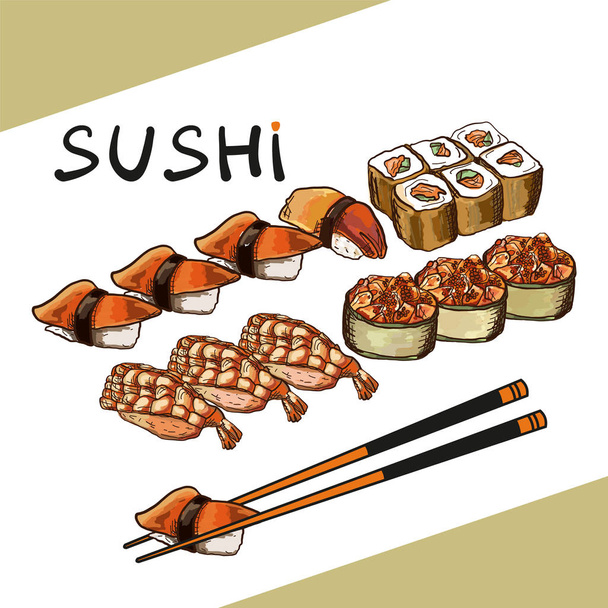 Ορισμός διανυσματικής εικόνας Sushi. Ιαπωνικό νόστιμο φαγητό. - Διάνυσμα, εικόνα