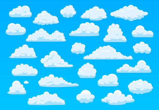 Cartoon Himmel Wolken. flauschig weiße Wolken am blauen Himmel, helle Wolkenlandschaft Wetter atmosphärisches Panorama. niedlichen Wolken unterschiedlicher Form Vektor Cartoon Illustrationsset. Bewölkter Himmel, bewölkter Himmel - Vektor, Bild