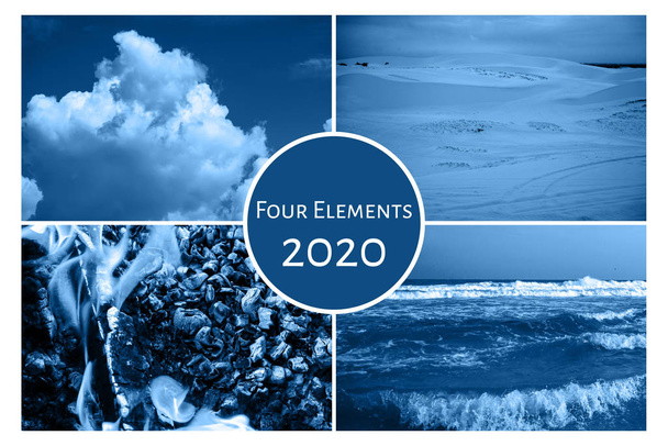 Clássico azul cor principal do ano 2020. Colagem quatro elementos: Terra, Água, Ar, Fogo
 - Foto, Imagem
