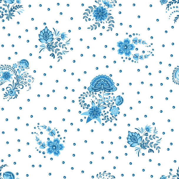 Seamless pattern with openwork beautiful floral ornament in blue and light blue colors in gzhel style on a white background. Vector illustration - Вектор,изображение
