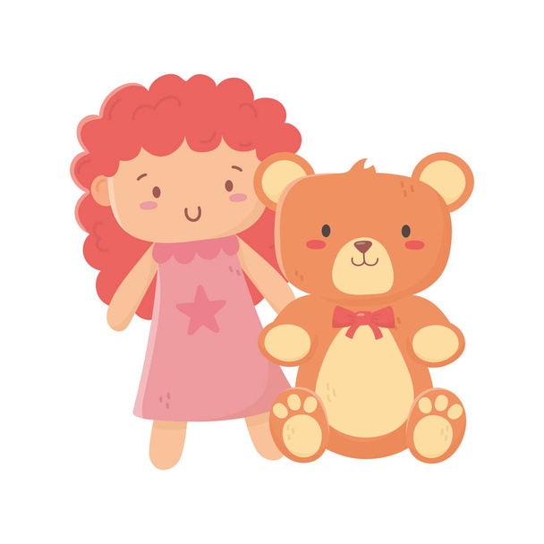 kids toy, teddy bear and pink little doll - Vector, Image