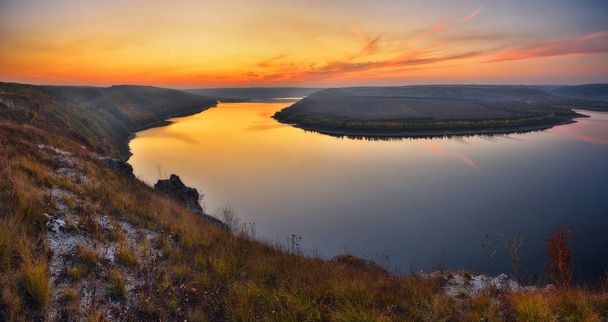 Canyon of the picturesque river. autumn sunset over the Dnister river - Photo, Image