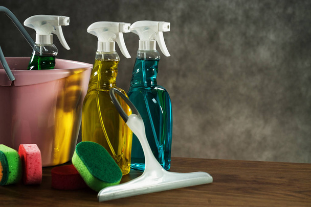 Colourful tools for cleaning. Household cleaning concept. Cleaning kit. - Photo, Image
