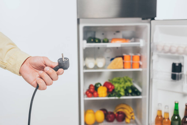 обрезанный вид человека, держащего выдернутый шнур питания из холодильника изолированный на белом
 - Фото, изображение