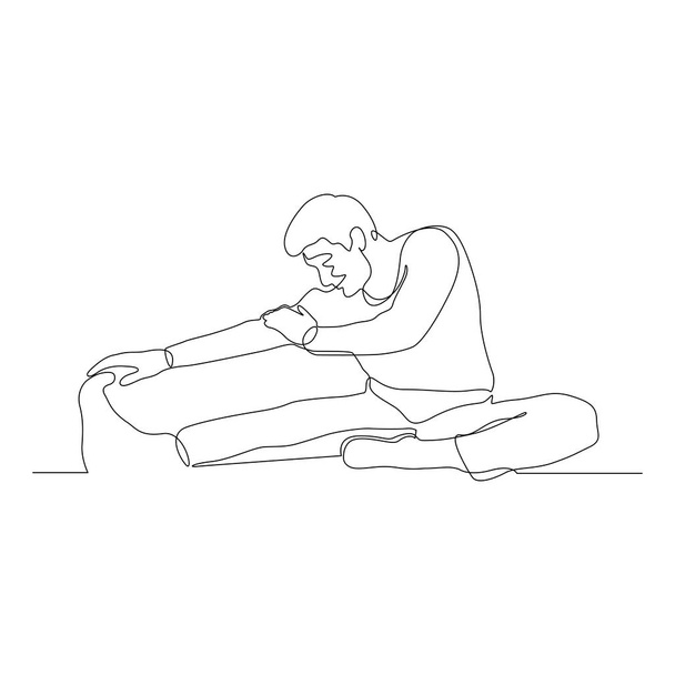 Continuous one line man doing stretching legs on the floor. Vector illustration. - Vector, Image