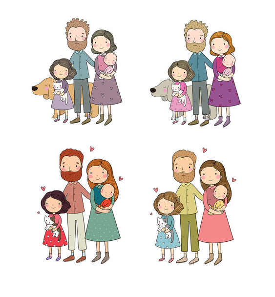 Egy boldog család. Aranyos rajzfilm apa, anya, lánya és babája. Vicces macska és kutya. Háziállatok - Vektor, kép
