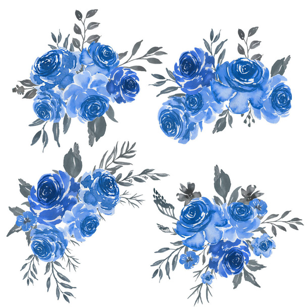 Zestaw akwareli w kwiatowym kolorze niebieskiej ramki - Wektor, obraz