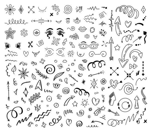 Abstraktní šipky, stuhy a další prvky v ručně kresleném stylu pro koncept designu. Doodle ilustrace, šablona pro dekoraci - Vektor, obrázek