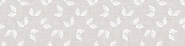 Grijs Frans linnen textuur rand achtergrond bedrukt met witte vallende bladeren. Natuurlijk ongebleekt Ecru vlasvezels naadloos patroon. Biologische close-up doek banner. Verpakking van doekjes, vectorepen10 - Vector, afbeelding