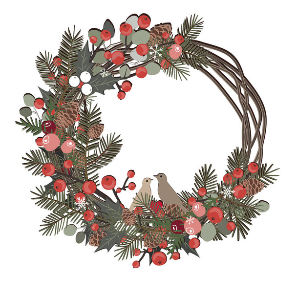 Beautiful Christmas decorative wreath of vine and pine branches, berries, ilex, cedar cones, and cute birds isolated on white background. Vector - Vecteur, image