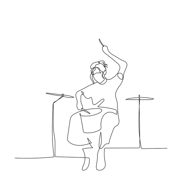 Continuous one line woman playing drums. Vector illustration. - ベクター画像