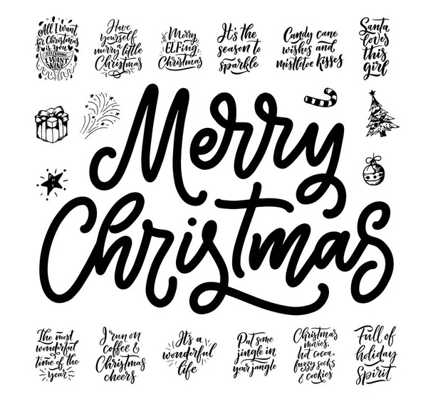 Christmas quotes. Winter xmas slogans. Hand drawn Calligraphic lettering. Inspirational text for invitation design. Vector illustration - Wektor, obraz