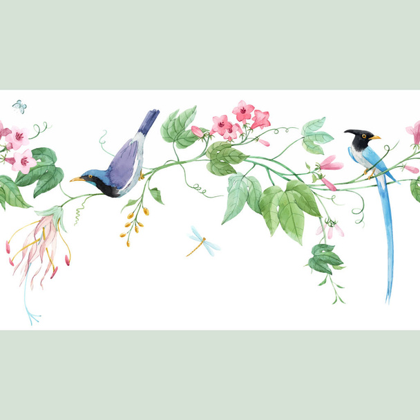 Watercolor floral horizontal pattern with blue birds of paradise and pink delicate flowers. White background. Stock illustration. - Vecteur, image