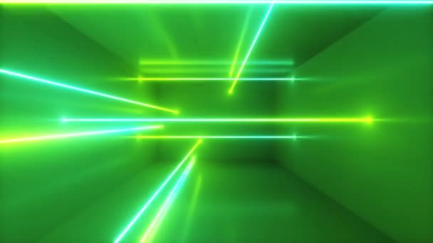 Abstracte achtergrond, bewegende neonstralen, lichtlijnen in de kamer, fluorescerend ultraviolet licht, blauw groen spectrum, lus, naadloze lus 3d renderen - Video