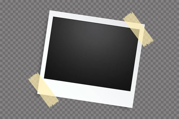 Photo frame fixed with adhesive tape on a transparent background. Photo frame on sticky tape, isolated. - Vektor, Bild