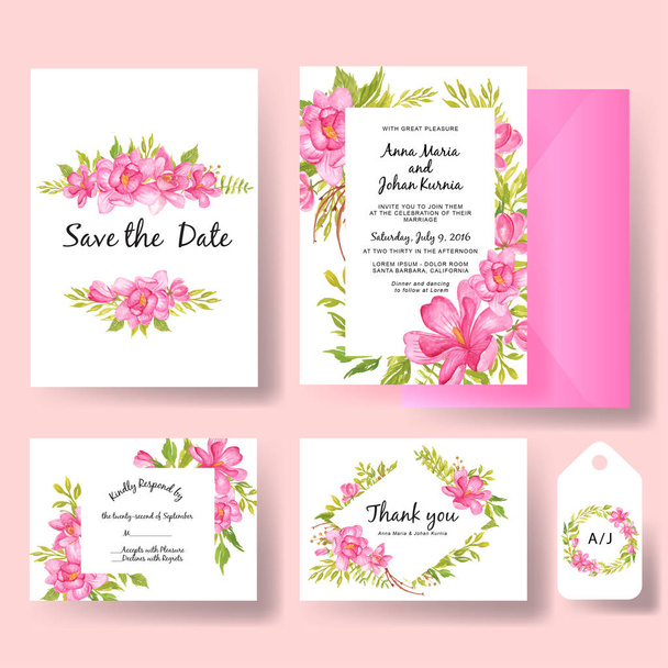 set of wedding invitation watercolor flower Magnolia pink and greenery leaf - Vector, Image